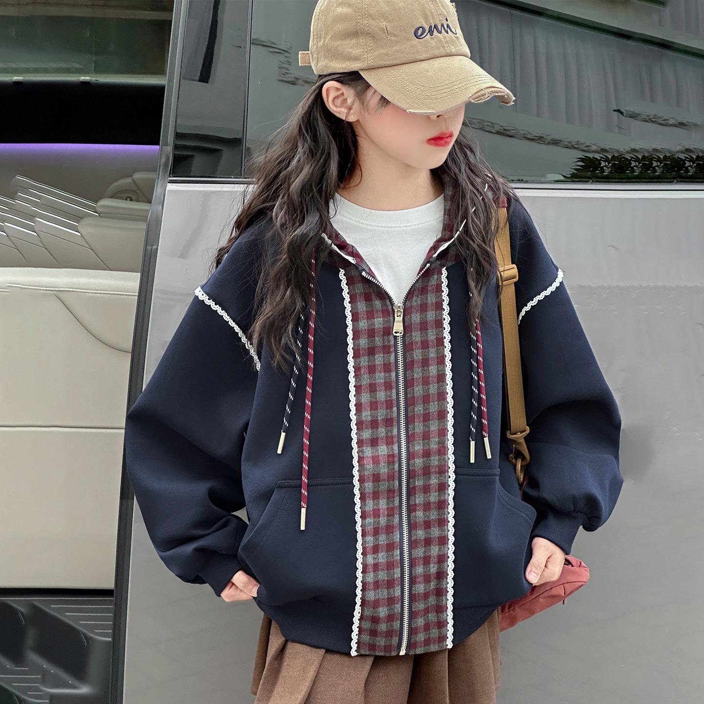 

Девочки 2025 Корейский стиль Универсальный кардиган с капюшоном для весны и осени 160 cm темно-синий