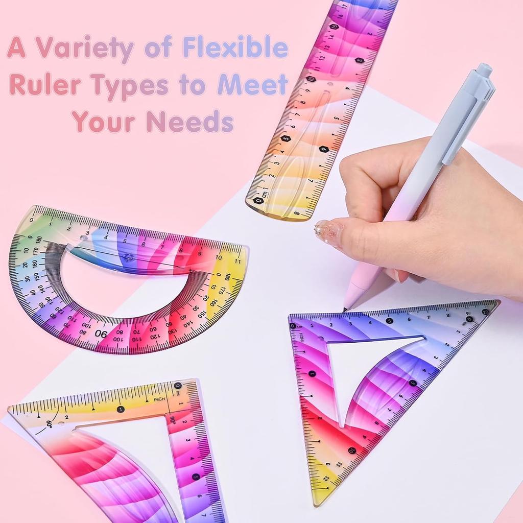 4 Pcs Flexible Rulers Set, Colorful Geometry Kit, Plastic Bendable Shatterproof Soft Rulers, Clear Ruler 20 cm/ 8 Inch, Triangle Rulers and
