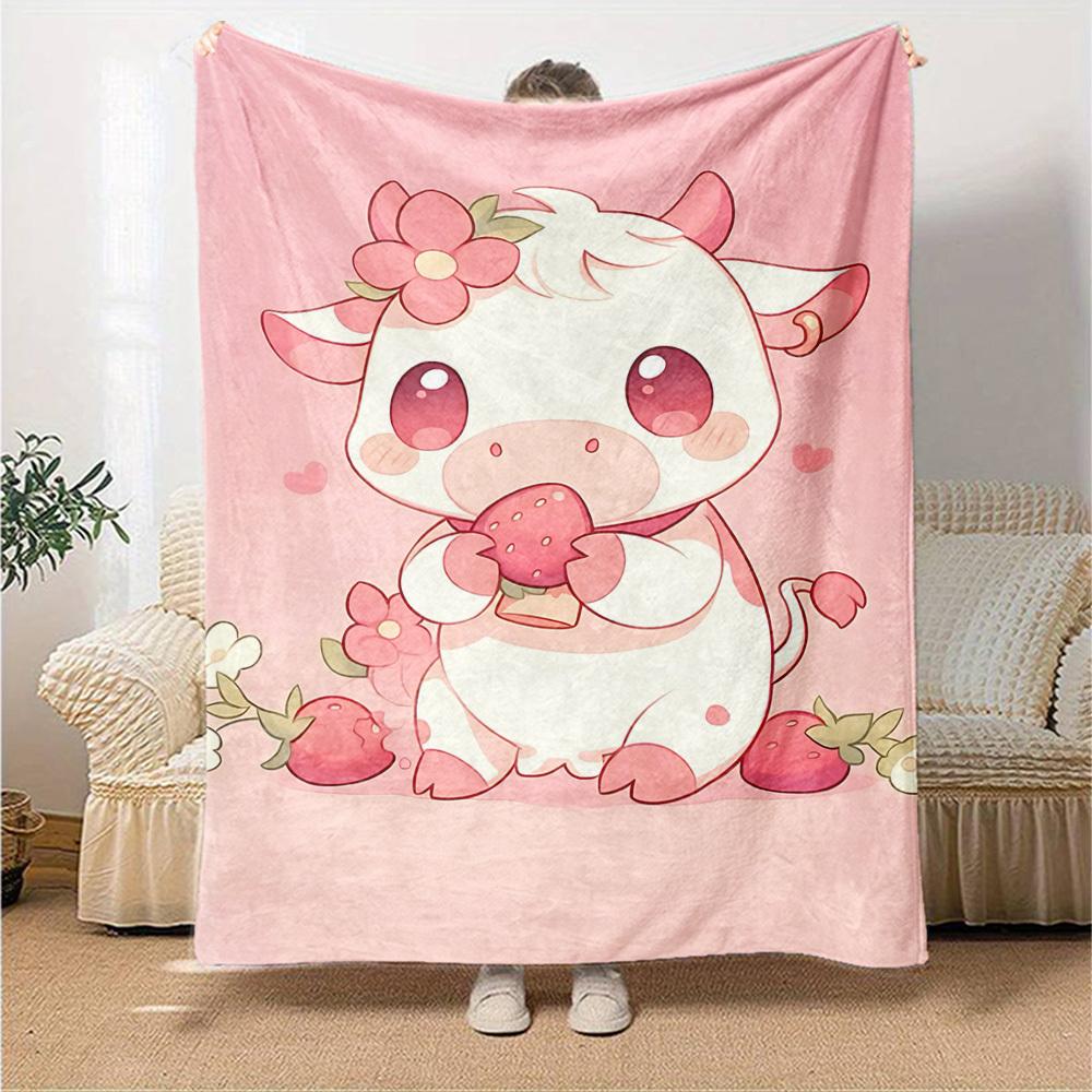 1pc Cow Strawberry blanket Lightweight Flannel Throw for Sofa Bed Travel Camping Livingroom Office Couch Chair