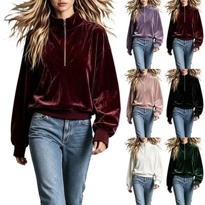 Top Casual Colorato in Velluto da Donna con Collo Alto e Manica Lunga - Camicetta dalla Vestibilità Ampia
