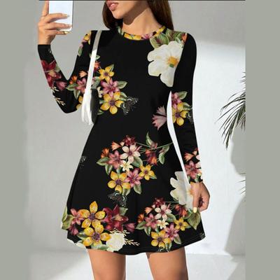 Spring Autumn Women Long Sleeve Round Collar Flower Printed One Piece Dress