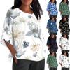 Women Summer Cotton Linen Tshirt Tops Printing Loose Fit Blouse 3/4 Sleeve Vintage Crewneck Plus Size Clothes