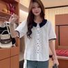 European Color-Block Peter Pan Collar Lace Embroidered Short-Sleeve Women’s Loose-Slimming Top