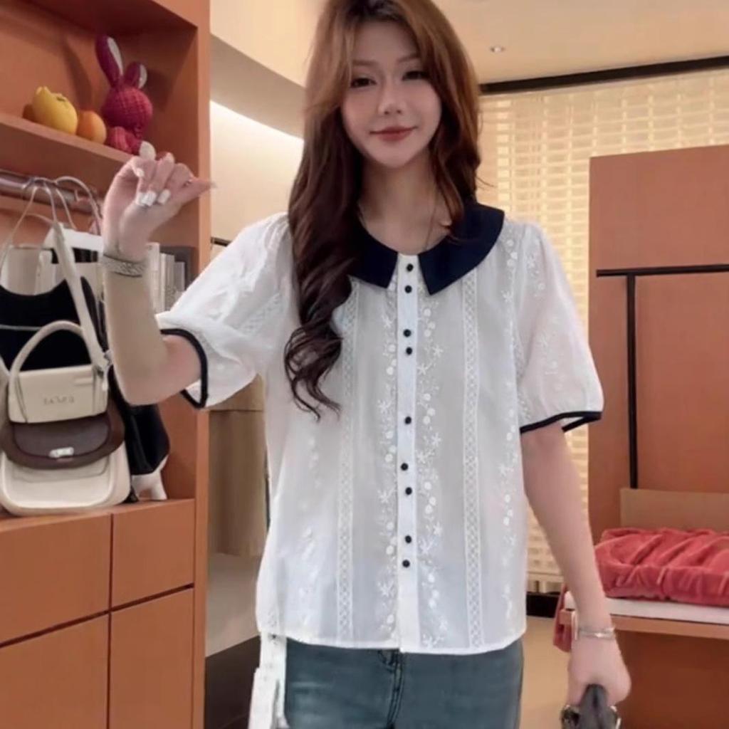 European Color-Block Peter Pan Collar Lace Embroidered Short-Sleeve Women’s Loose-Slimming Top