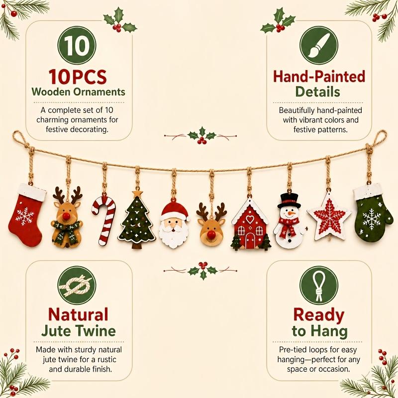 2sets Christmas Wooden Ornament Set, Rustic Wooden Hanging Decor Set Including Santa Claus,Reindeer, Christmas Tree, Christmas Tree Winter Home Decor,