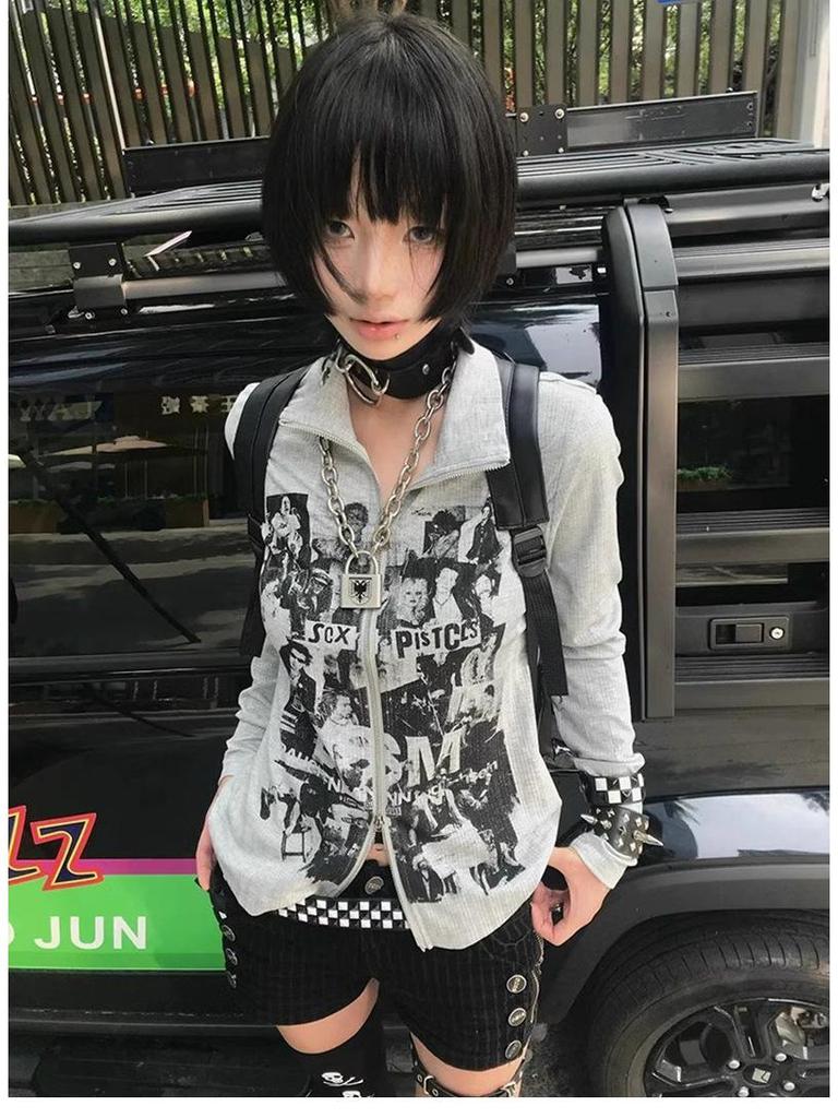 Jinliang Women's Ribbed Velvet Retro Punk Zip-Up Cardigan