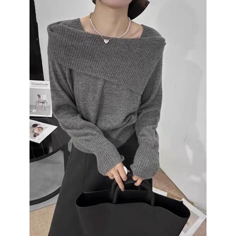 Design sense one-word shoulder thin knitted bottoming shirt women's autumn and winter new fashion solid color inner pullover sweater