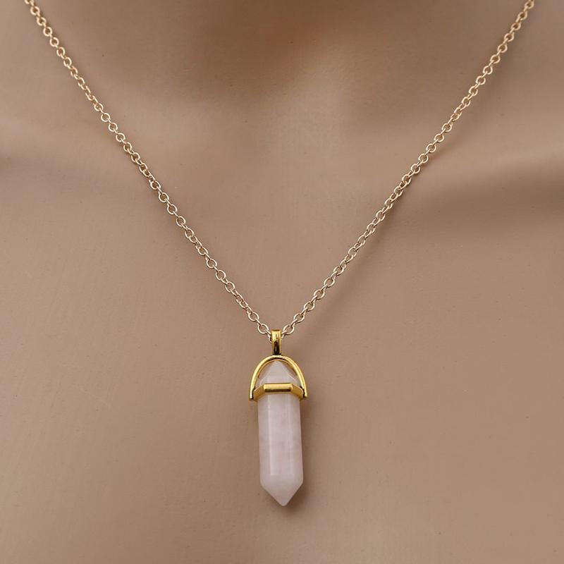 Fashion Quartz Crystal Necklace Chakra Rose Bule Purple Natural Stone Pendant Necklace Hexagonal Bullet Reiki Hippie Necklace