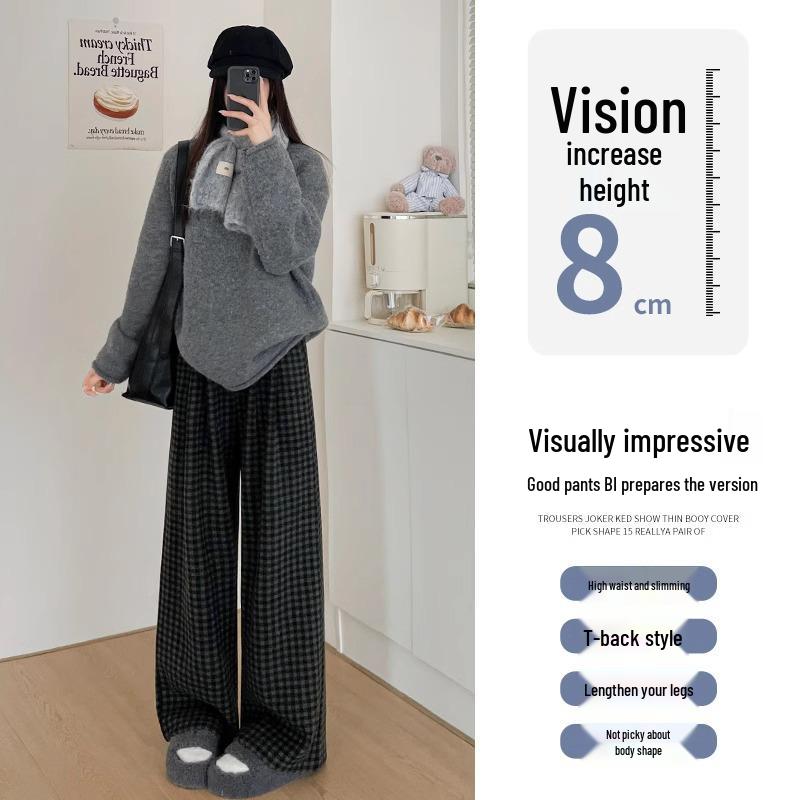 150 Korean-Style Fluffy Plaid Pants for Petite Women - Autumn/Winter High-Waist, Floor-Length, Casual Drape