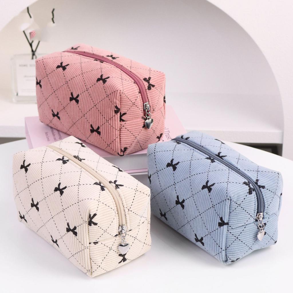 Fashion Bow Women Corduroy Makeup Storage Bag Large Capacity Travel Organizer Cosmetic Pouch Small Handbag Zipper Clutch Bag