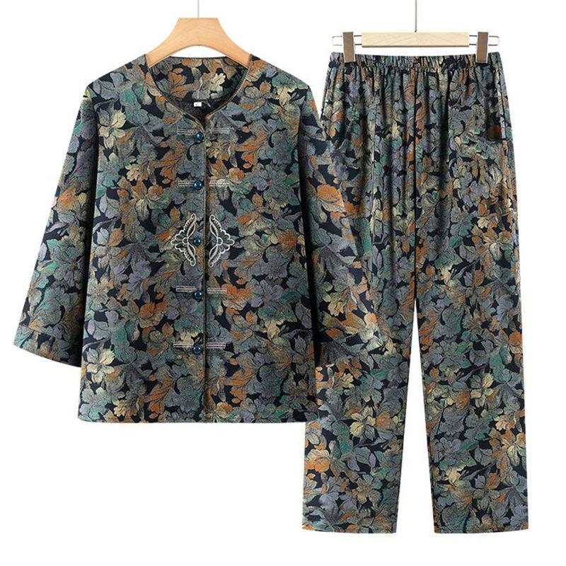 

Spring & Fall Retro Floral Two-Piece Set for Middle-Aged Women - Plus Size 2XL зелёный