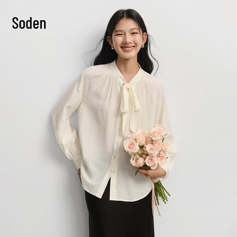 

WHIteALLUSION Women s Korean Style Relaxed Long-Sleeve Tie-Front Blouse S