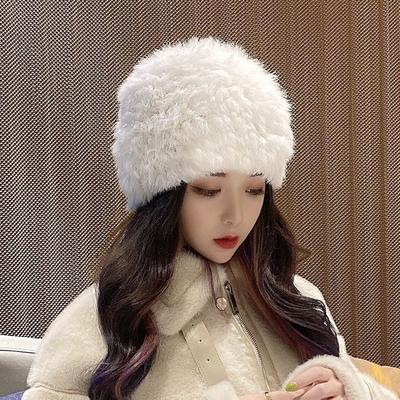 Elegantný Hrubý Klobúk z Pravej Králičej Kožušiny Dámsky Jesenný a Zimný Kórejská Verzia Ochrana Uší Retro Plyšový Klobúk Teplý Sieťovaný Klobúk z Vlny pre Celebrita