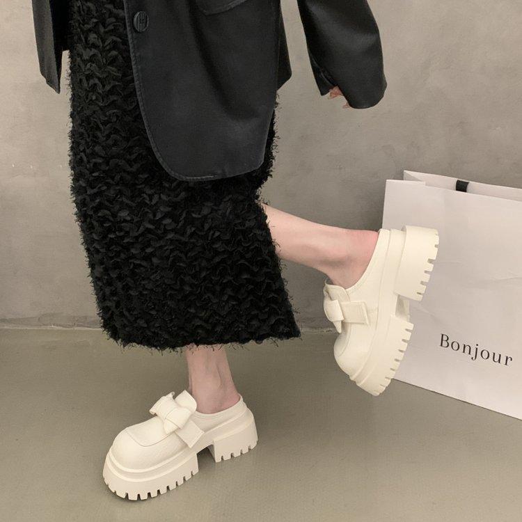 Baotou half slippers women's big head bow thick-soled muffin small man 7cmJK small leather shoes one foot cool shoes