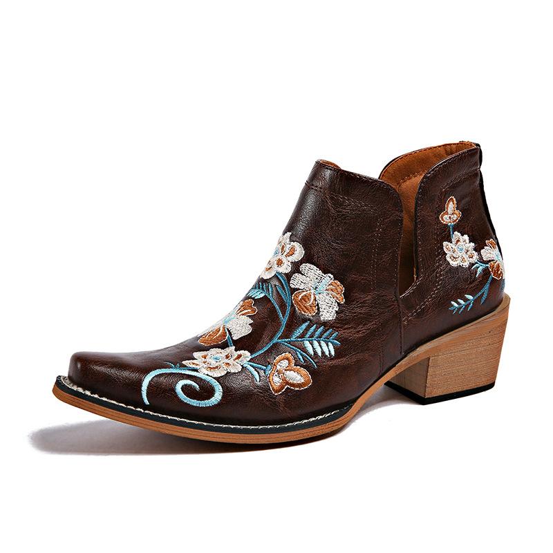 Large Size Western Embroidery Retro Ethnic Style Thick Heel Short Tube Big Western Boots Women's Short Boots