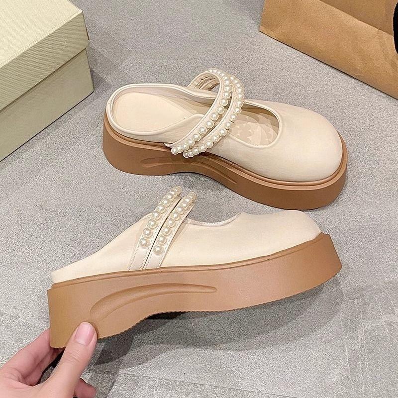 Pearl light luxury Mary Jane shoes half slippers bag head female design sense niche thick sole outer wear