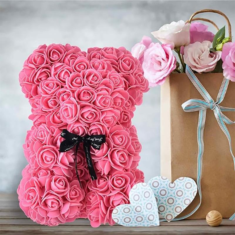Orso di Fiori di Rosa Teddy Artificiale da 25 cm con Scatola Regalo Romantico di San Valentino Fidanzata Donne Anniversario Forniture per Feste di Matrimonio