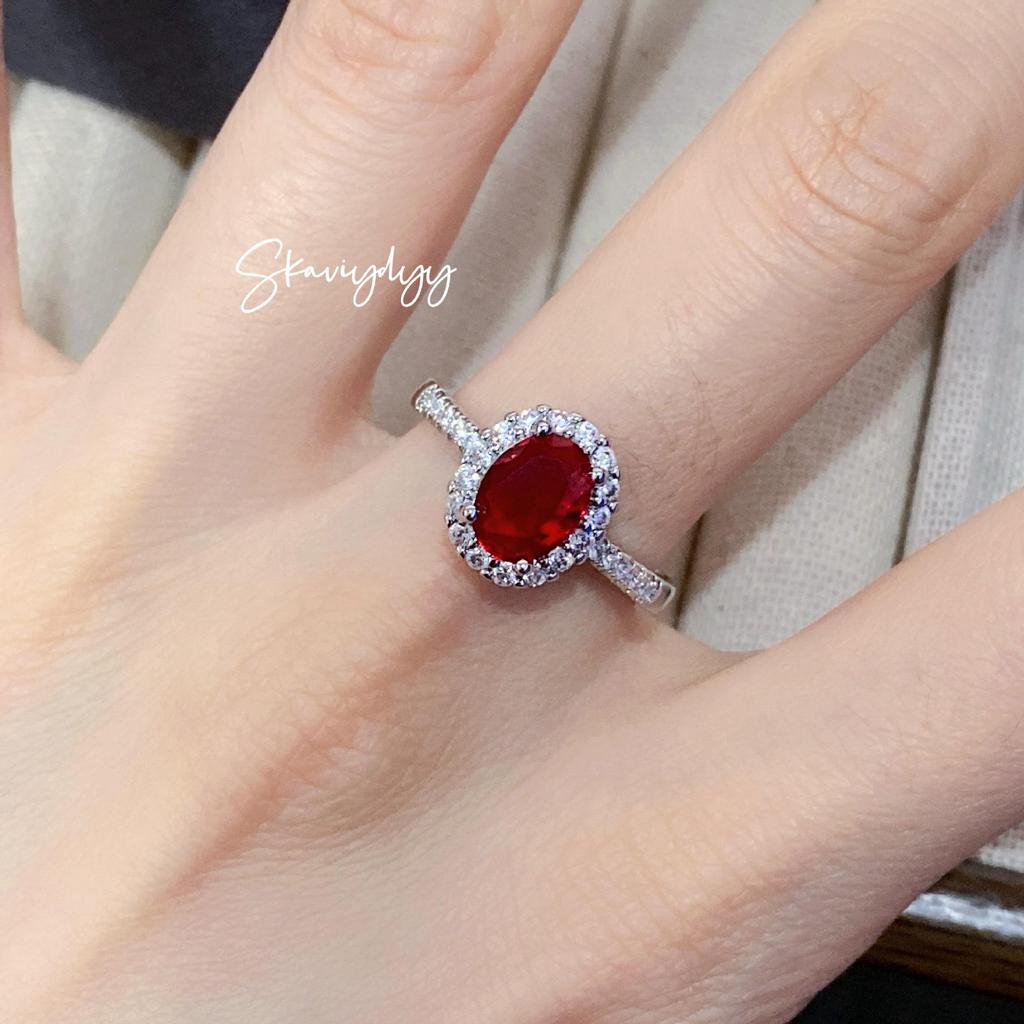 Elegant Oval Simulated Ruby Ring with Zirconia Gems and Red Corundum Tourmaline for Women
