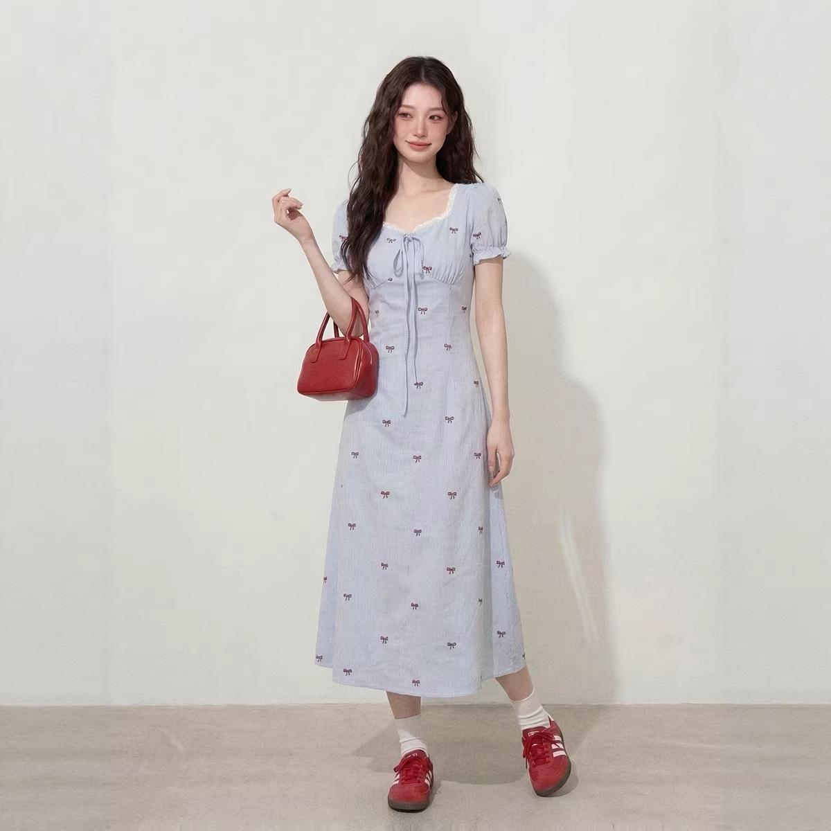 Plus Size Korean Style Square Neck Lace Trim Cinched Waist Summer Dress for Women L