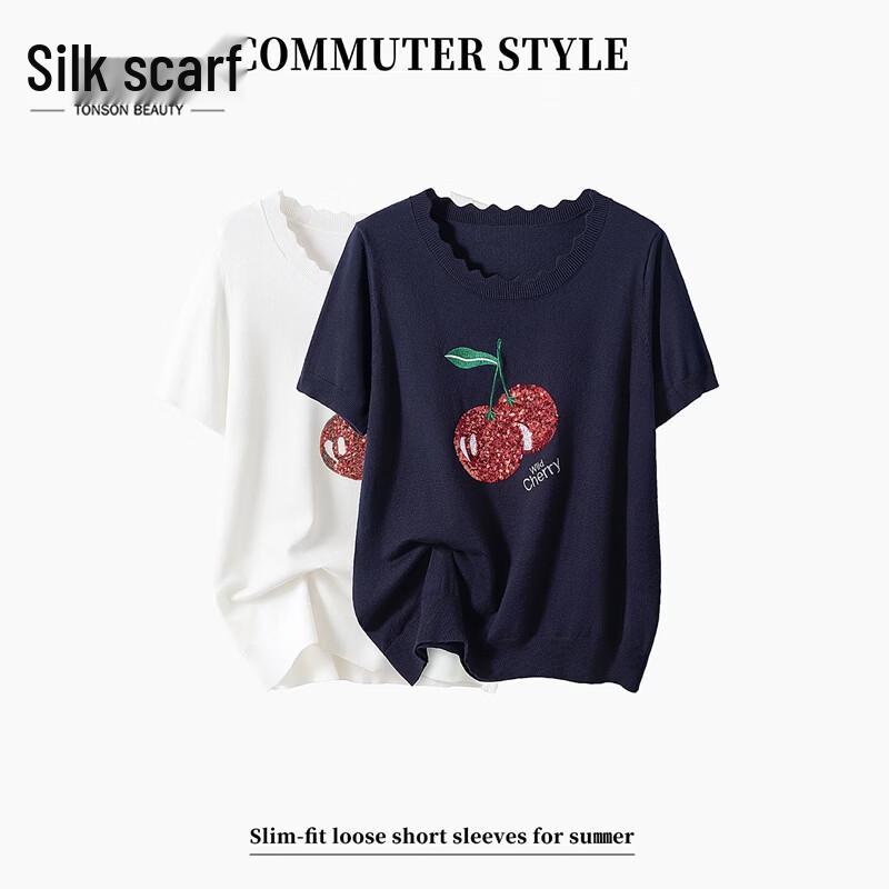 Women s Cherry Sequin Knit Short Sleeve T-Shirt S