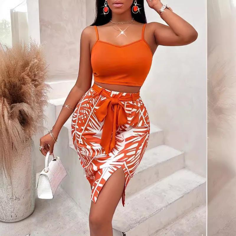

Весенне-летний новый комплект с поясом и принтом на бретельках, юбка до половины тела XXL оранжевый