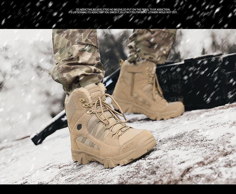 Pánské zimní sametové kotníkové bojové boty – Hřejivé vlnou podšité sněhule pro venkovní a taktické použití