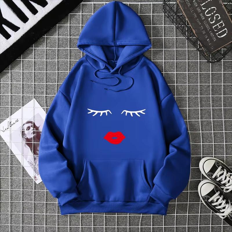 2025 Pretty Cute Eye Lashes Red Lips Print Women Hoodie Summer Casual Short Sleeve O Neck t-shirt Ladies White Hooded Sweatshirt