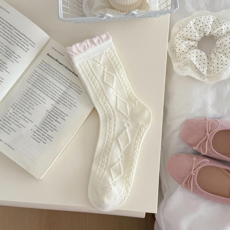 

Pink Floral-patterned Socks - Children s Summer Style Sweet Pile Socks with Lace and Sweat-absorbing Bows and Mid-calf Length 1 pair