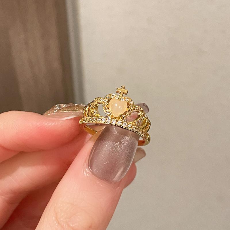 Medieval Retro Moonstone Imitation Opal Exquisite Open Ring Fashionable Zircon Light Luxury High-End Accessories