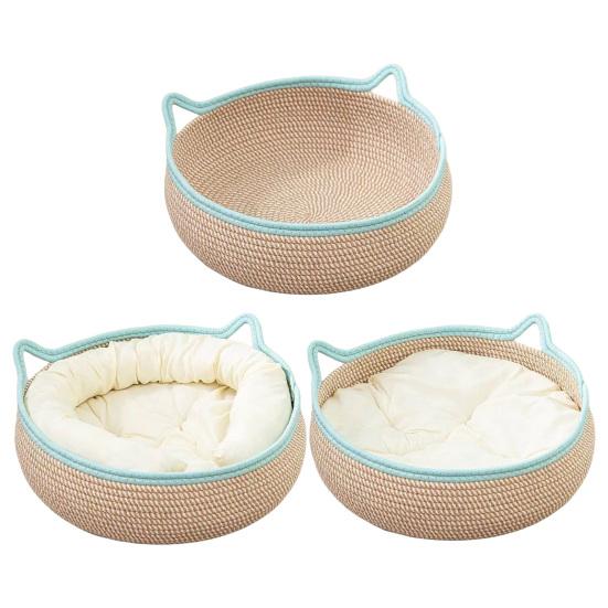 Cat Basket Bed with Cushion Cotton Rope Handwoven Pet Bed Breathable Cat Ear Pet Bed for Indoor Cats