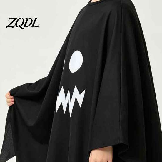 Comfortable Kindergarten Performance Clothes Hooded Ghost Costume, White/Black Cape Costume for Kids Adults, Spooky Lightweight Breathable Halloween