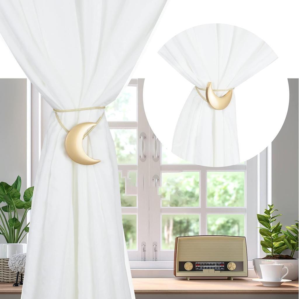 Magnetic Curtain Tiebacks Alloy Moon Curtain Holdbacks Silver/Gold Curtain Tie Backs Curtain Clips Ropes -Set of 2
