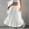 Women Long Skirt Spring Summer Middle Waist A Line Flowy Swing Skirt Breathable Solid Color Elastic Waist Drawstring Pleated Casual Skirt