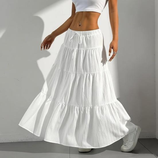 Women Long Skirt Spring Summer Middle Waist A Line Flowy Swing Skirt Breathable Solid Color Elastic Waist Drawstring Pleated Casual Skirt