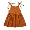 Girls' Summer Solid Color Cotton-Linen Dress With 2 Side Pockets And Tie Straps Children'S Strap Dress