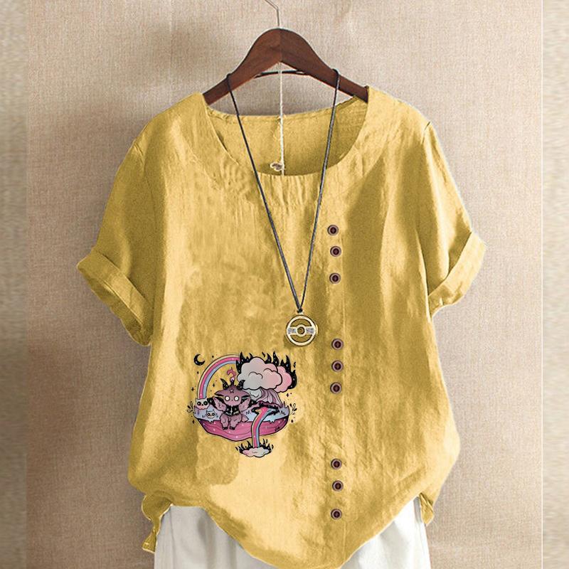 Женская мода Розовый мультяшный узор с принтом с круглым вырезом и коротким рукавом — фото 5