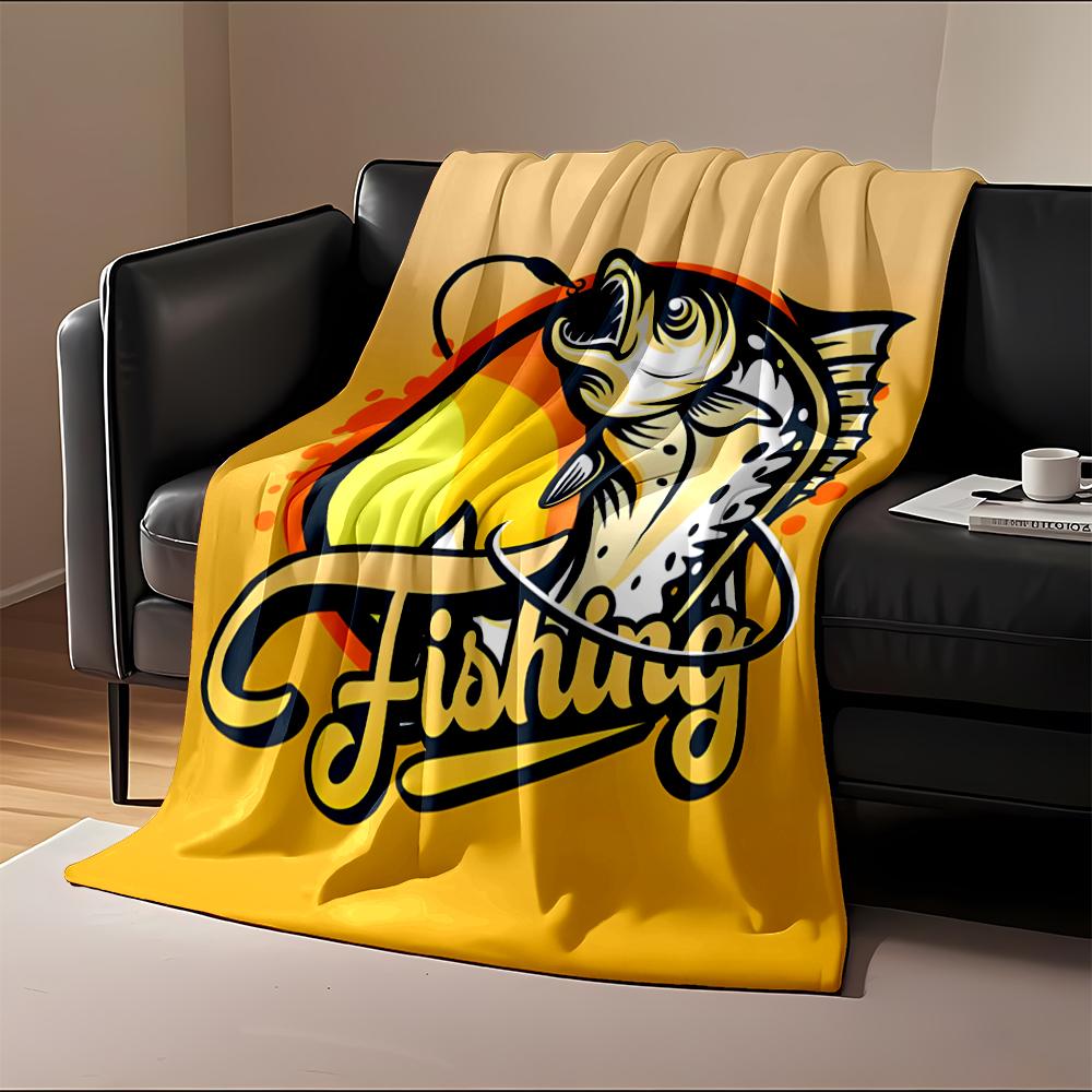 Fishing Graphic With Sun Design Flannel Blanket for bedroom, living room, sofa, and nap sofas.