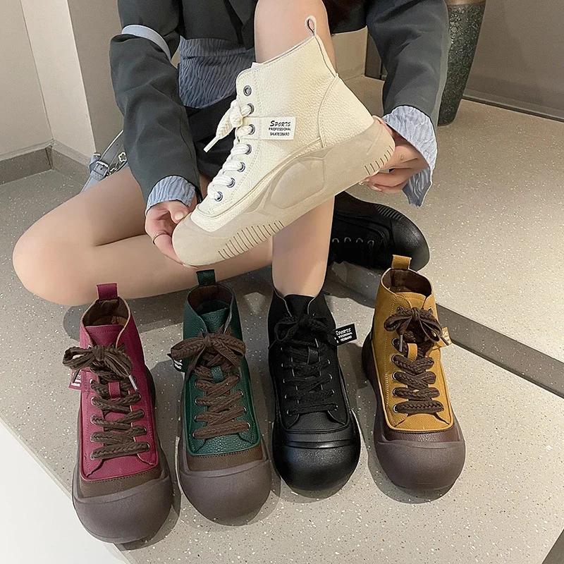Fashion Spring Autumn New Women's Sport Shoes Fashion Tide Ankle Boots Retro Round Toe Lace Up Comfort Thick Sole Sneaker Botas De Mujer