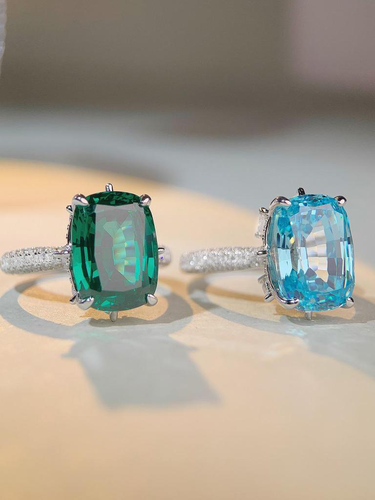 Jiu Mei S925 Sterling Silver Aquamarine Ring with 10 Carat High Carbon Diamond Zircon for Women.