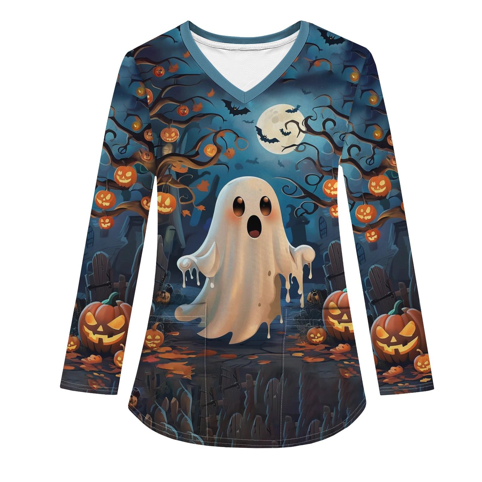 

Женская модная рабочая одежда с V-образным вырезом и длинным рукавом, с карманом, футболка с принтом на Хэллоуин L