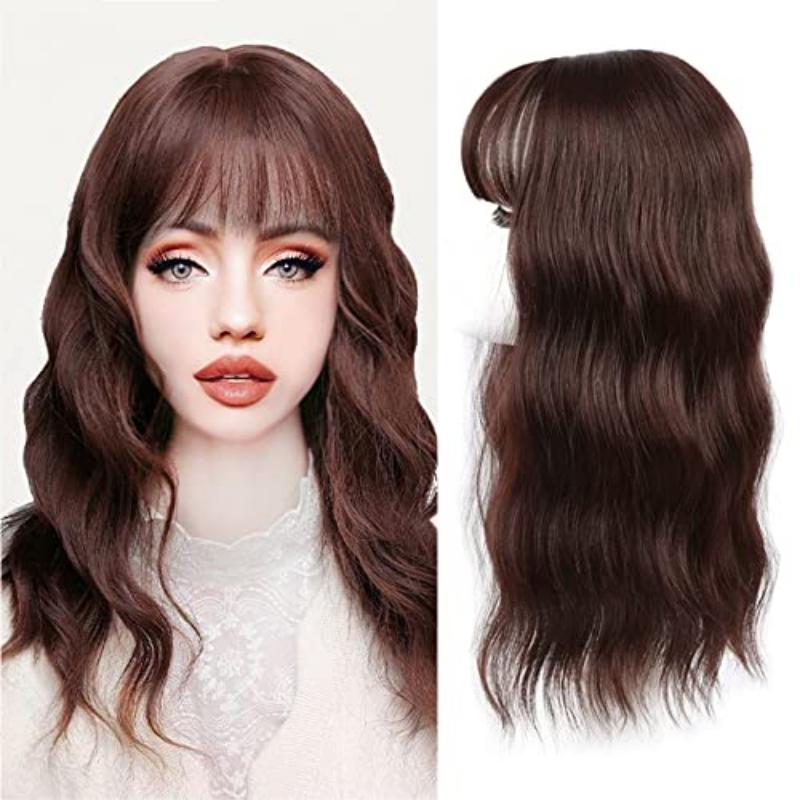 Body Wavy/Curly Hair Topper With Air Bangs For Women,Synthetic Hairpiece Clip in Hair Extension Add Volume Wig for Covering White Hair Hair Loss