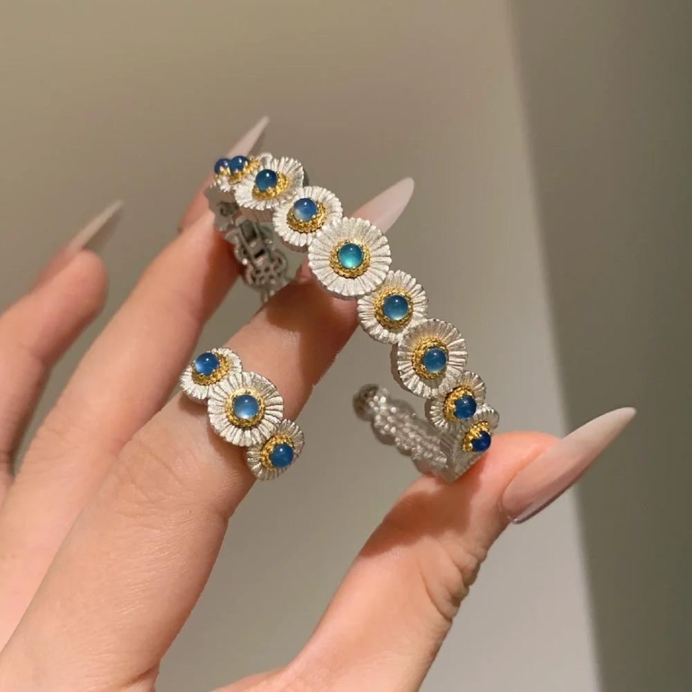 Women Jewelry Set Italian Blue Chalcedony Daisy Bracelet and Ring Fashionable Floral Design Elegant Accessories