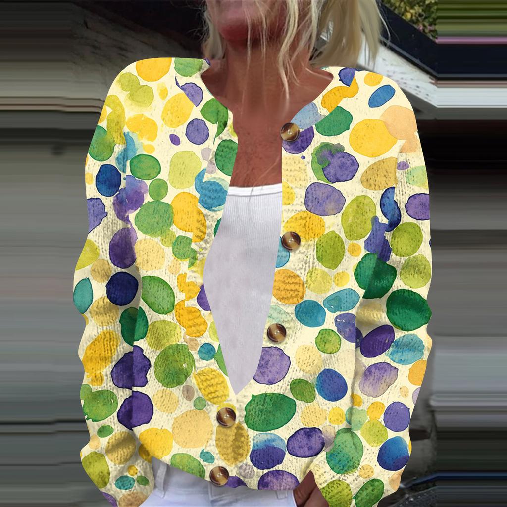 Women's Fashion Printed Long Sleeve Knitted Cardigan Button Down Jacket