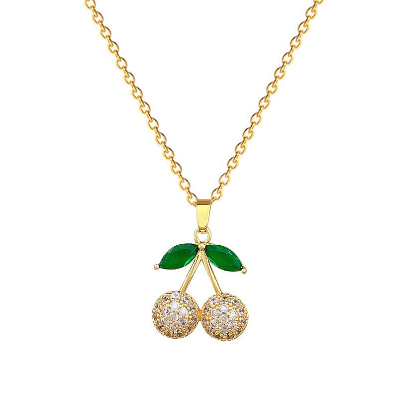 Green Leaf Cherry Necklace Earrings Set Light Luxury Slightly Inlaid Personalized Temperament Banquet Earrings Necklace Combination