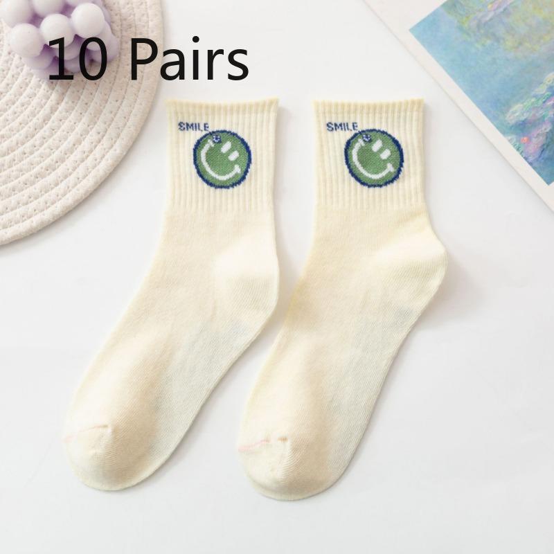 10 Pairs of Female Autumn and Winter Personality Letter Smiley Face Sports Tube Socks