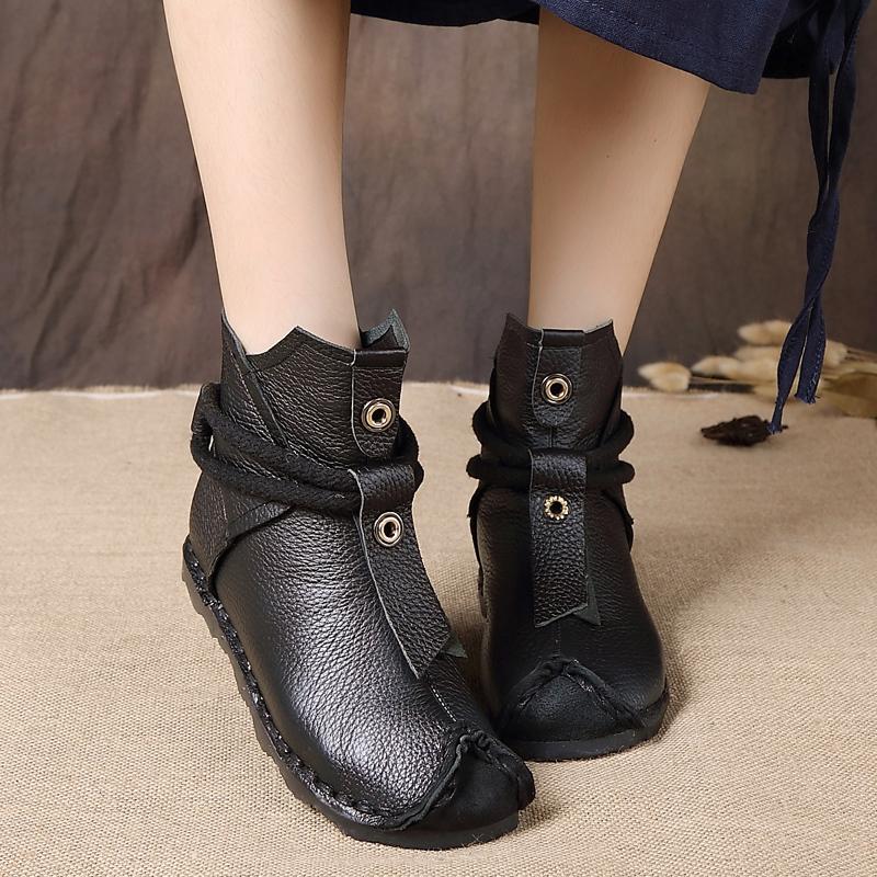 Damskie buty z prawdziwej skóry, ręcznie robione, miękkie botki, wygodne buty codzienne dla kobiet, krótkie botki w stylu narodowym