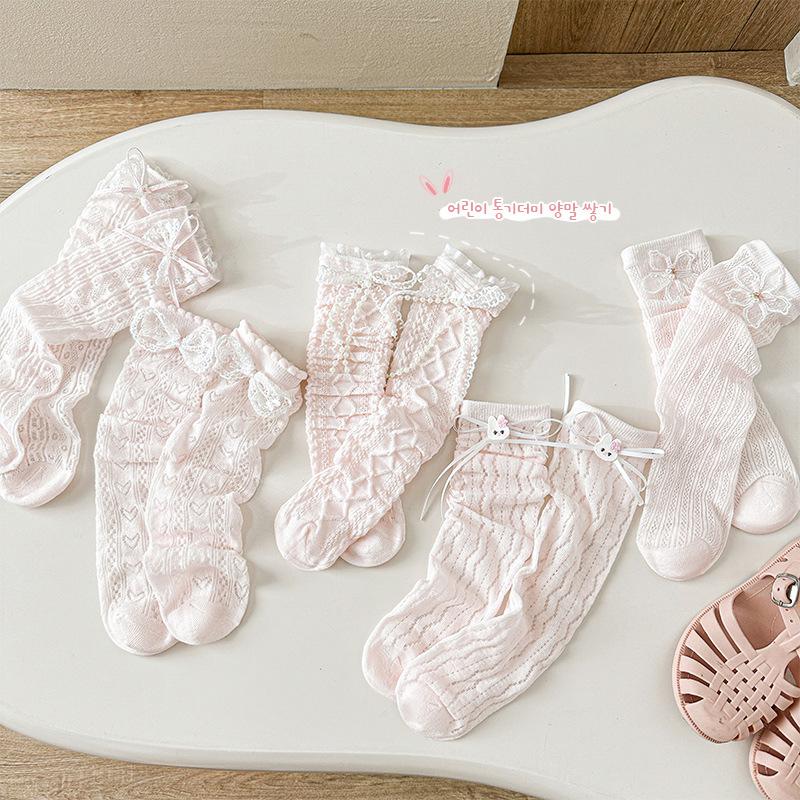 Children Spring Summer Mid-calf Socks Girls Lolita Thin Lace Calf Socks JK Pink Bowknot Sweet Loose Socks Stockings for 3-8Y