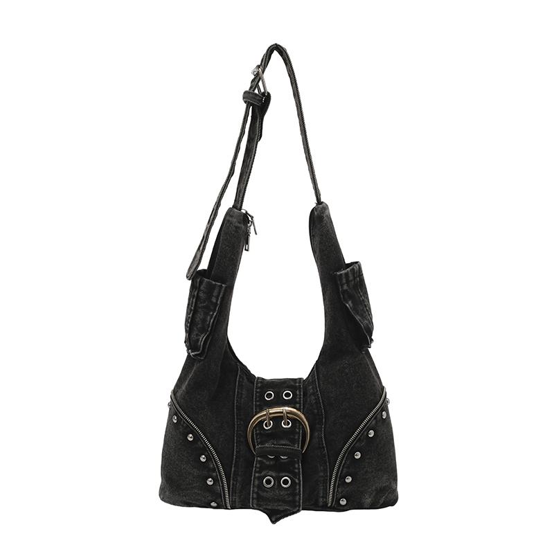 Lässige Denim-Hobo-Tasche mit Metallschnalle und Reißverschluss-Details