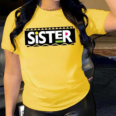 Tricou cu imprimeu cu cuvinte soră pentru femei la modă, tricou amuzant casual, cu mâneci scurte, cu decolteu O, tricou pentru femeie de vară