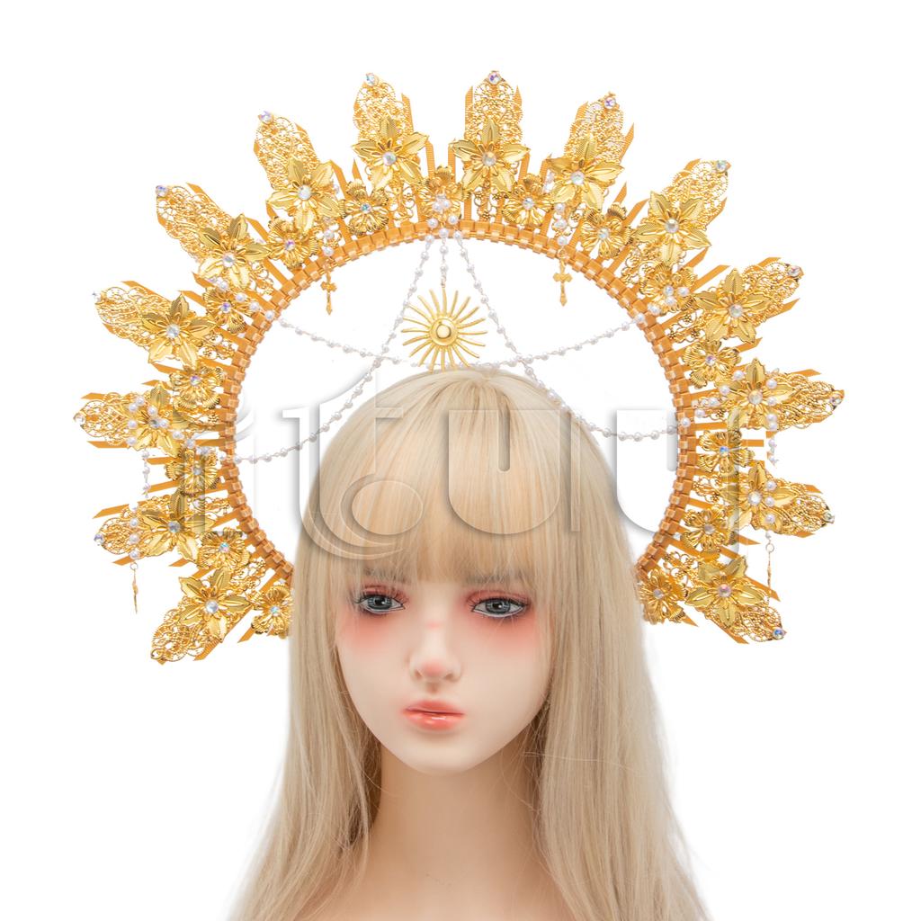 Sun Goddess Halo Crown Baroque Golden Headpiece KC Tiaras Wedding Crown Lolita Exaggerated Complete Headpiece Photoshoot Props
